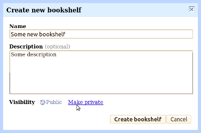 Creating a new bookshelf in Google Books
